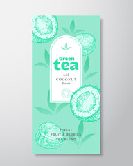 Fruit and Berries Tea Label Template. Abstract Vector Packaging Design Layout with Realistic Shadows. Hand Drawn Coconut with Half and Leaves Decor Silhouettes Background. Isolated