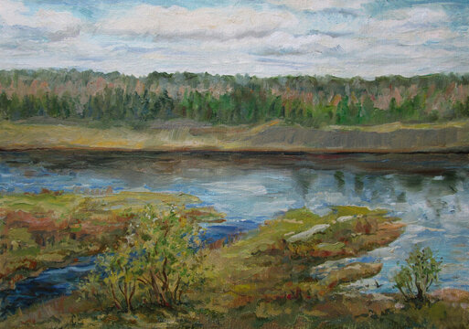 Spring Volga river in May, Russia, oil painting