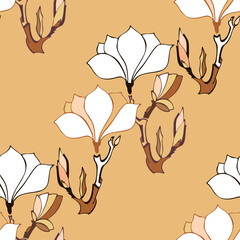 seamless pattern golden black white pink magnolia flowers vector