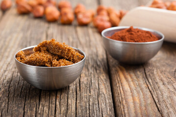 hazelnut cream ingredients on old wooden table