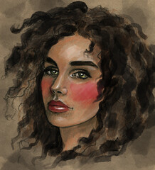 stylish art portrait of dark haired curly woman with dark hair