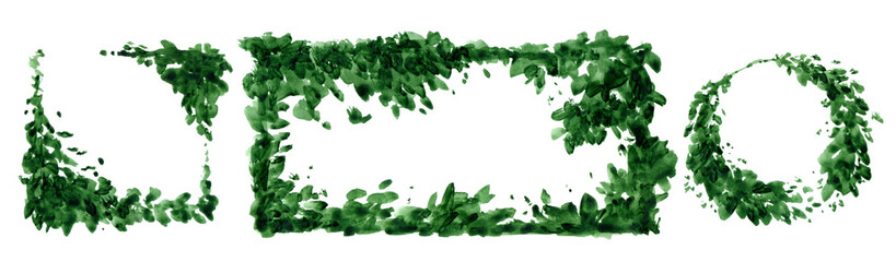 Fototapeta premium Set of three watercolor green leafy frames on white background, different shapes