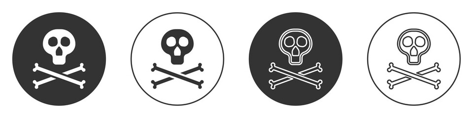 Black Bones and skull as a sign of toxicity warning icon isolated on white background. Circle button. Vector - obrazy, fototapety, plakaty