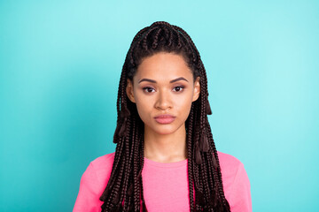 Photo of nice strict brunette hairdo young lady wear pink t-shirt isolated on teal color background