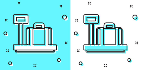 Black line Scale with suitcase icon isolated on green and white background. Logistic and delivery. Weight of delivery package on a scale. Random dynamic shapes. Vector