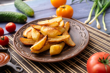 Fried potatoes in large pieces on a plate on the table with different vegetables.