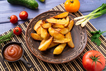 Fried potatoes in large pieces on a plate on the table with different vegetables.