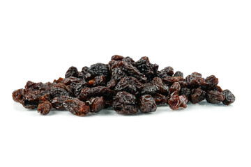 Black sweet Raisins or dried sweet grapes (kali kishmish or Zante currant) isolated on white background