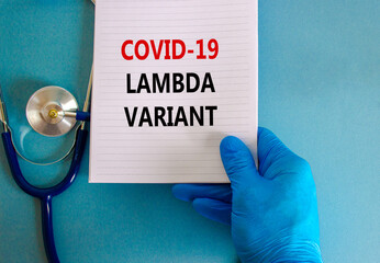Covid-19 lambda variant strain symbol. Doctor hand in blue glove, white card. Concept words...