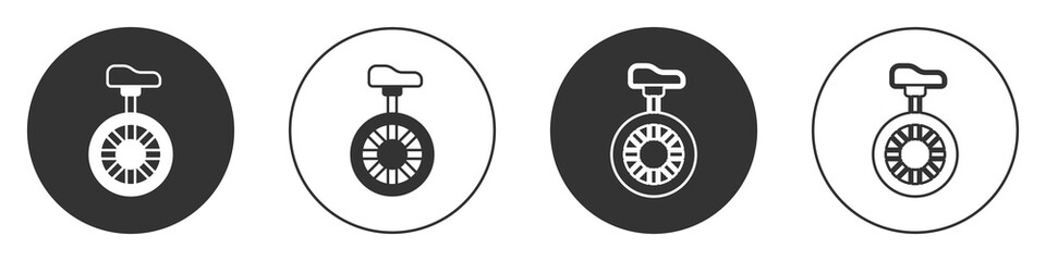 Black Unicycle or one wheel bicycle icon isolated on white background. Monowheel bicycle. Circle button. Vector