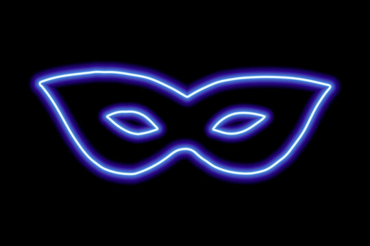 Carnival mask on the eyes. Neon blue contour on a black background