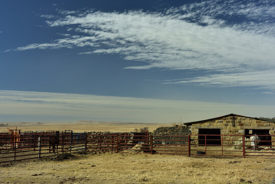 A soapstone barn and yard with horses and hay in the winter sun of the Highveld in Mpumalanga South Africa