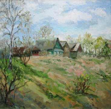 Spring country houses in May, Russia, oil painting