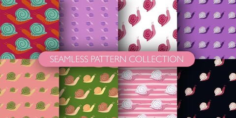 Set of cute snail silhouettes seamless doodle pattern.