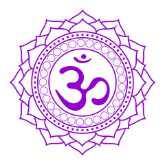 Line drawing.The seventh chakra Sahasrara. The crown or highest chakra with Hindu Sanskrit. Purple is a flat symbol of meditation, yoga. Vector