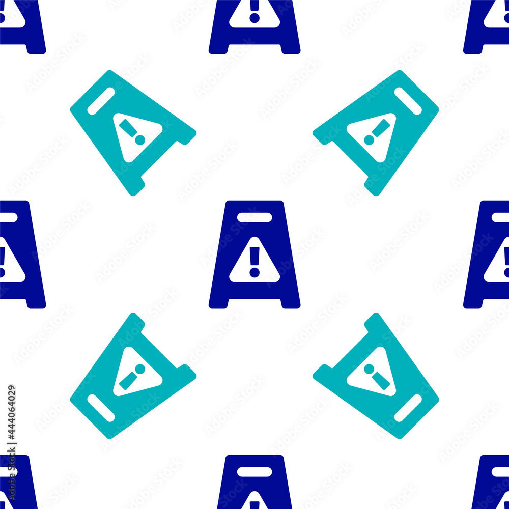 Poster blue wet floor and cleaning in progress icon isolated seamless pattern on white background. cleaning