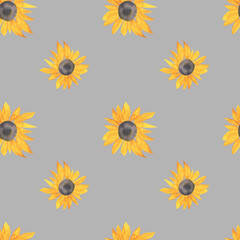 Watercolor seamless pattern with yellow sunflowers on a gray background. Autumn and botanical hand painted print.
