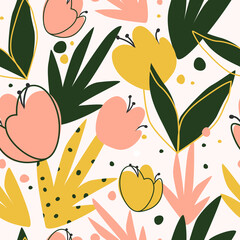 Seamless pattern. Modern exotic, abstract leaves for design. Botanical vector illustration