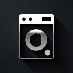 Silver Washer icon isolated on black background. Washing machine icon. Clothes washer - laundry machine. Home appliance symbol. Long shadow style. Vector