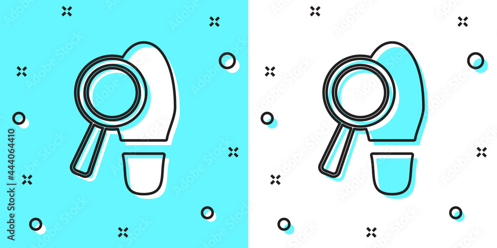 Aufkleber black line magnifying glass with footsteps icon isolated on green and white background. detective is
