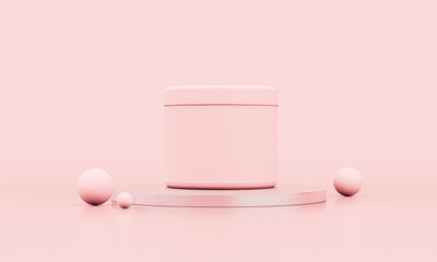 Cosmetic product pink cream jar on pastel background, metal podium for presentation of skin care products. The spheres are spread out around. Mockup and copy space. 3D Rendering.
