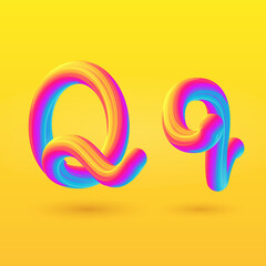 Letter Q 3D vector. Liquid gradient shape on yellow background. Colorful hand drawn alphabet for branding, logo, a set of words. Festive typography, childrens alphabet, uppercase letters