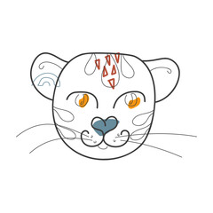 The face of a cute cunning tiger with colored spots and geometric elements. Vector illustration in doodle style. Symbol of the new Year