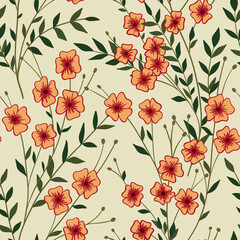 Seamless pattern with small pink flowers on a light background. Interlacing of thin stems and leaves with tassels of small simple flowers. Vector.