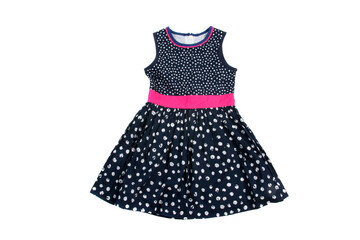 Elegant light children summer dress. Black dress on white dots