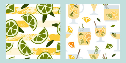 Fresh lemonade, soda, mojito, cocktail, juice. Lemon, lime, mint, mandarin, orange. Summer fruit, tropical citrus background, cold drink. Vector flat cartoon illustration, seamless pattern