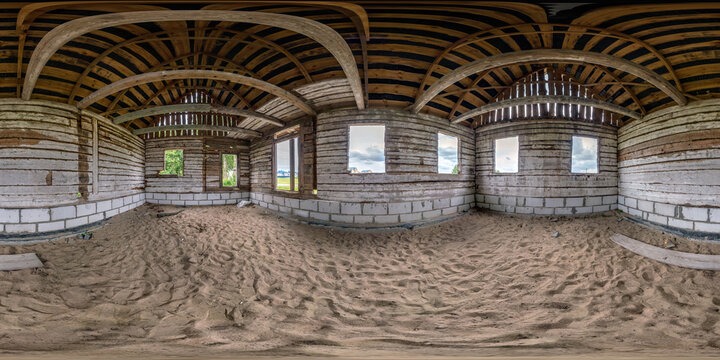 full seamless spherical hdri panorama 360 degrees angle view inside frame of wooden abandoned house on a concrete foundation in equirectangular projection, ready AR VR virtual reality content