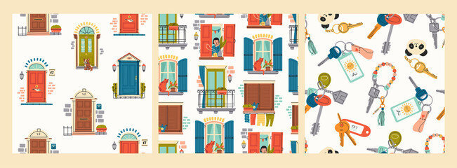 Set of three seamless Patterns. Front Doors. Various windows. Keys with different Keychains. Home Entrance. Home rental, property, real estate concept. Hand drawn colored Vector illustrations