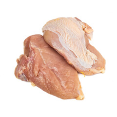 Raw chicken boneless breast chunks with skin isolated on white background.food concept for advertising