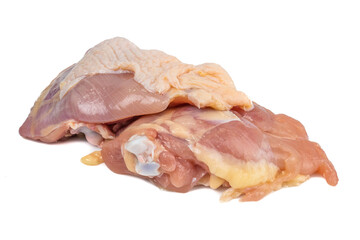 Raw chicken boneless breast chunks with skin isolated on white background.food concept for advertising