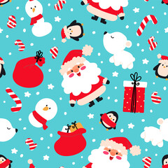Cute seamless pattern with Santa Claus, penguins and other Christmas attributes. Perfect for wrapping paper