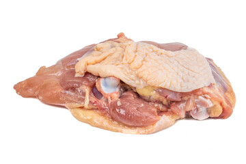 Raw chicken boneless breast chunks with skin isolated on white background.food concept for advertising