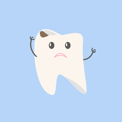 Cartoon tooth with caries on a blue background. Sad little man. Vector graphics.