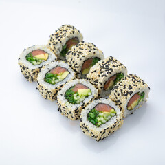 Japanese cuisine. Rolls on a white background
