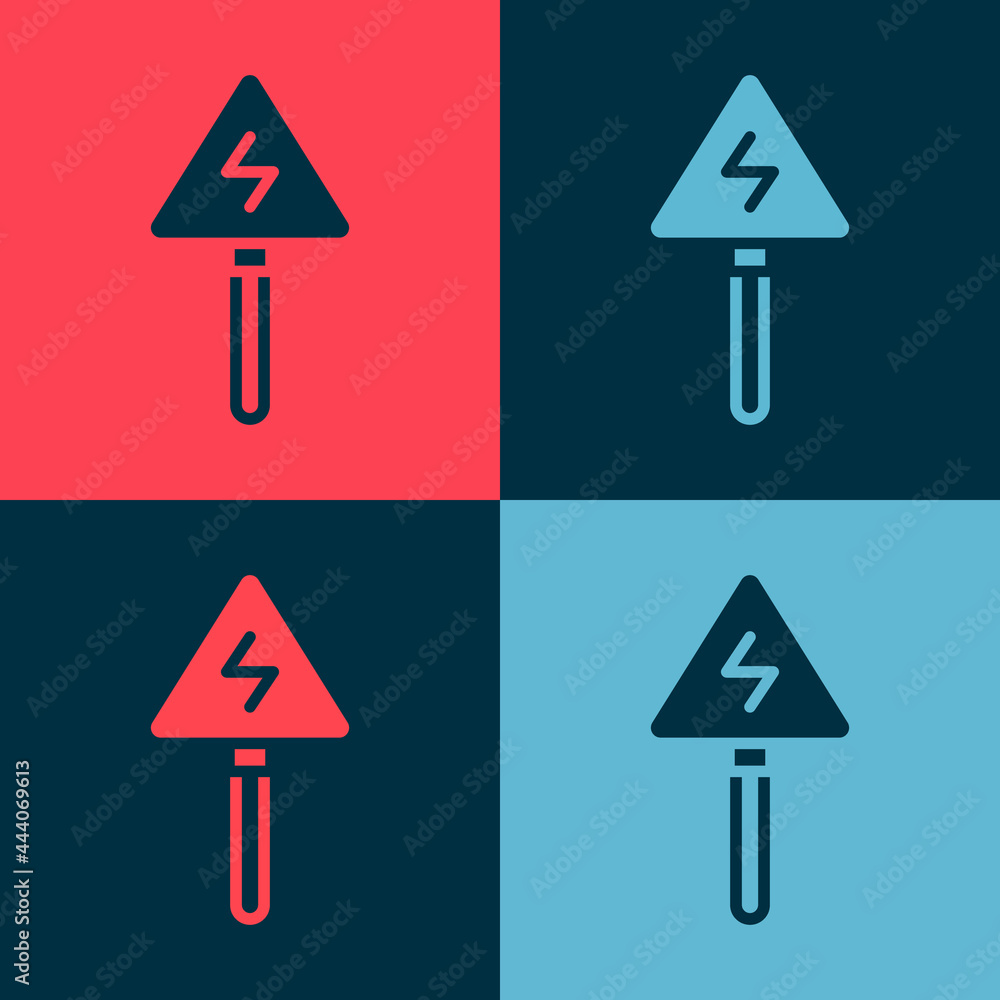 Poster Pop art High voltage sign icon isolated on color background. Danger symbol. Arrow in triangle. Warning icon. Vector