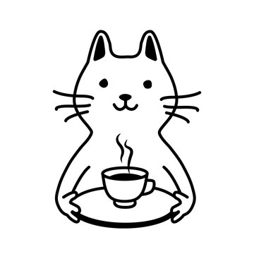 Cute smiling cat serves you coffee or tea on a tray. Coffee in bed. Simple animalistic black and white linear doodle illustration isolated on white background. Coffee time. 