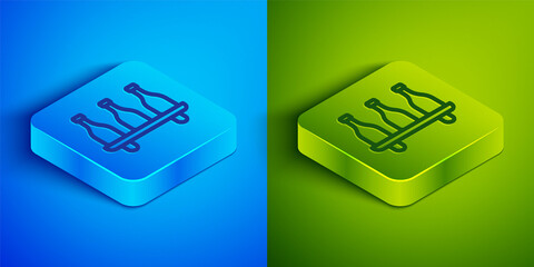 Isometric line Bottle of wine icon isolated on blue and green background. Wine varieties. Square button. Vector