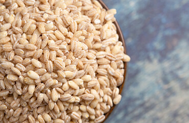 Bowl of Barley Wheat on a Rustic Blue Table