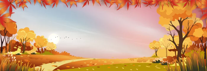 Poster Autumn landscap of farm field with pink and blue sky,Wonderland of Mid Autumn in countryside with filds, clouds sky and Sun in Orange foliage,Vector banner for fall season or Thank giving card © Anchalee