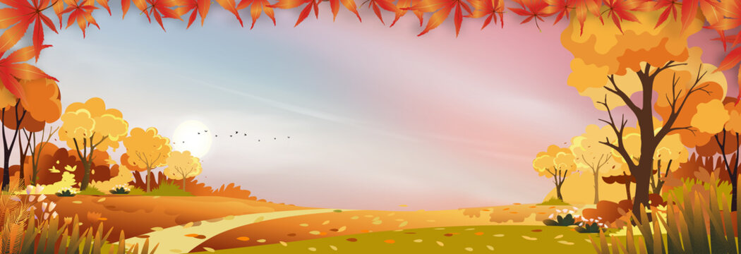 Autumn landscap of farm field with pink and blue sky,Wonderland of Mid Autumn in countryside with filds, clouds sky and Sun in Orange foliage,Vector banner for fall season or Thank giving card