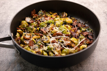 Brussels sprouts with bacon, parmesan, and onion