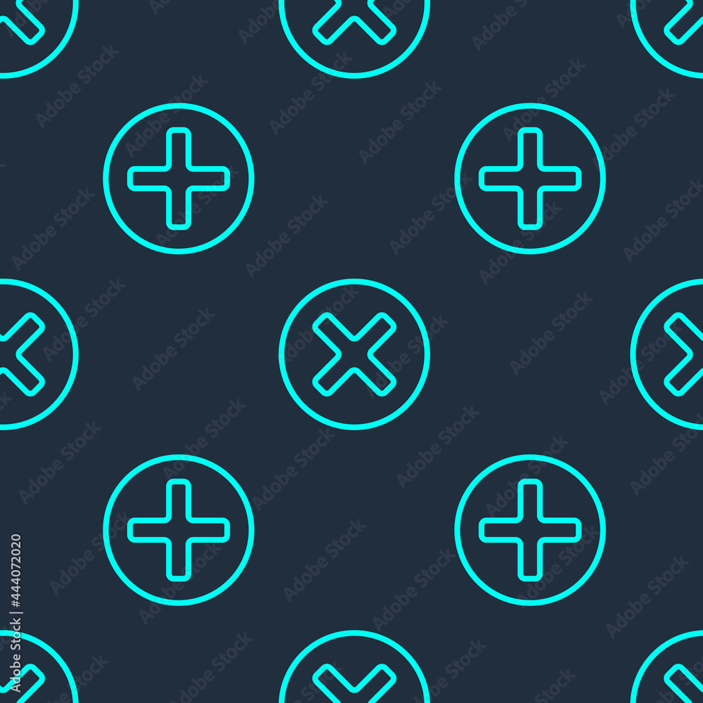 Poster green line x mark, cross in circle icon isolated seamless pattern on blue background. check cross ma