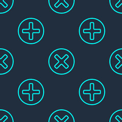 Green line X Mark, Cross in circle icon isolated seamless pattern on blue background. Check cross mark icon. Vector