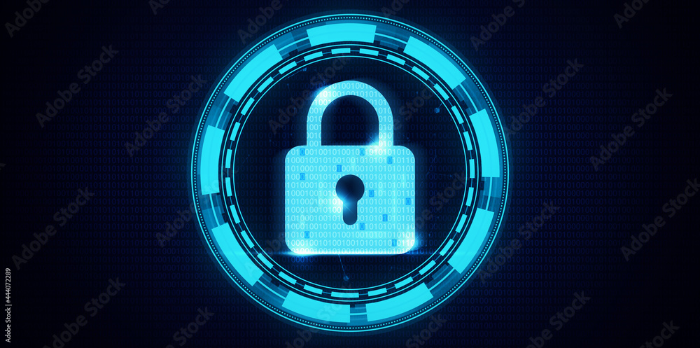 Poster modern security concept background with futuristic lock sign and binary code in the back. abstract l