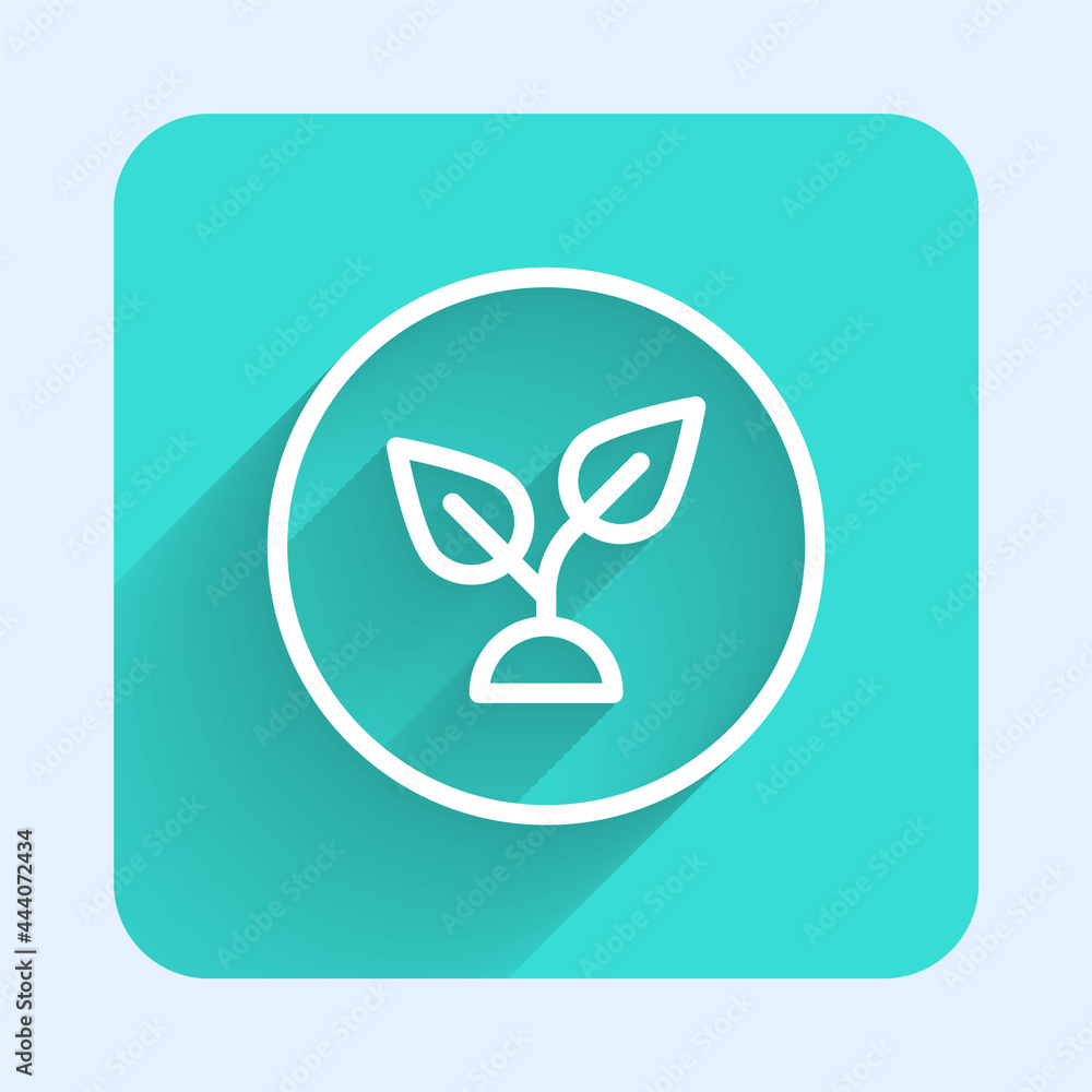 Poster white line plant based icon isolated with long shadow background. green square button. vector