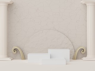 3d render of Abstract minimal  display podium with Greek Ancient baroque pillar background. Pedestal design for mock up and product presentation. Clean pastel color scene.